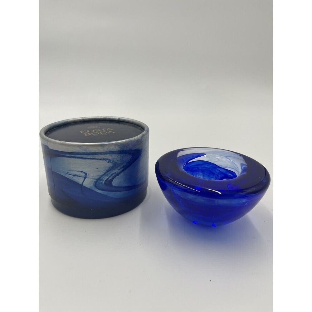 Kosta Boda Sweden Atoll Cobalt Blue Swirl Art Glass Bowl Anna Ehrner